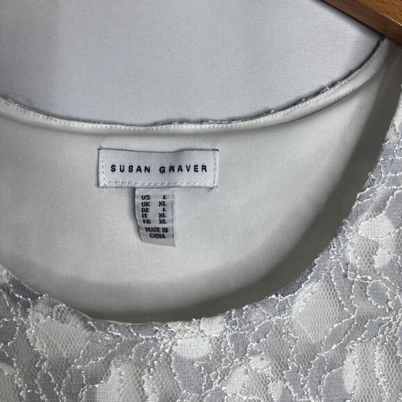 Susan Graver White Lace Overlay Scoop Neck Short Sleeve Blouse Size Large - Picture 6 of 9